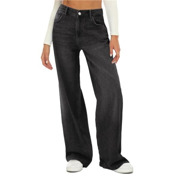 Women Wide Leg Jeans High Waist Denim Pants Black